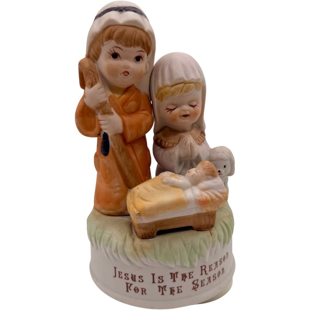 Vintage Porcelain Nativity Music Box Jesus Is The Reason For The Season Figurine